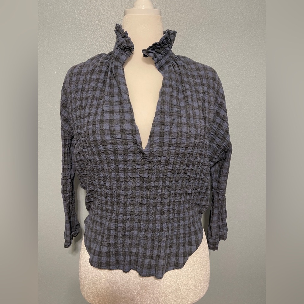 A Shirt Thing Blue Gauze Top Plaid Gingham Ruffle Boho Western Small Petite